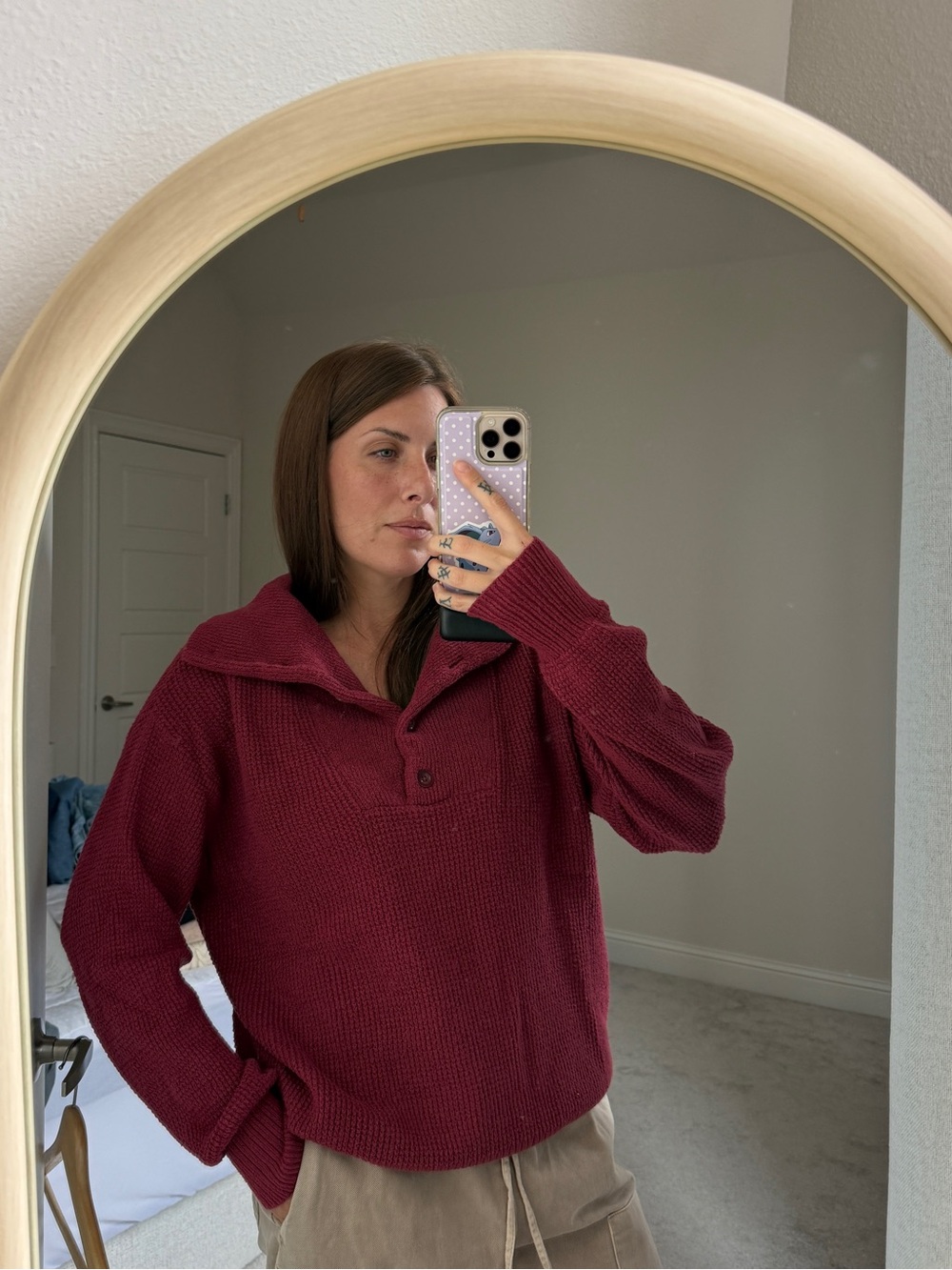 aerie Burgundy Button-Collar Knit Pullover